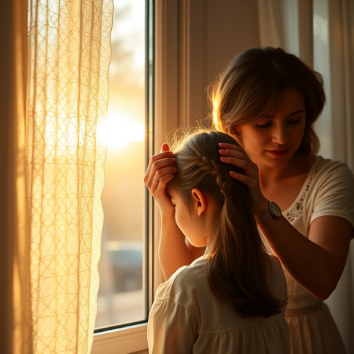 Warm, intimate image of a mother braiding her daughter's hair by a sunny window, soft golden light illuminating their faces, with delicate lace curtains gently fluttering in the breeze.