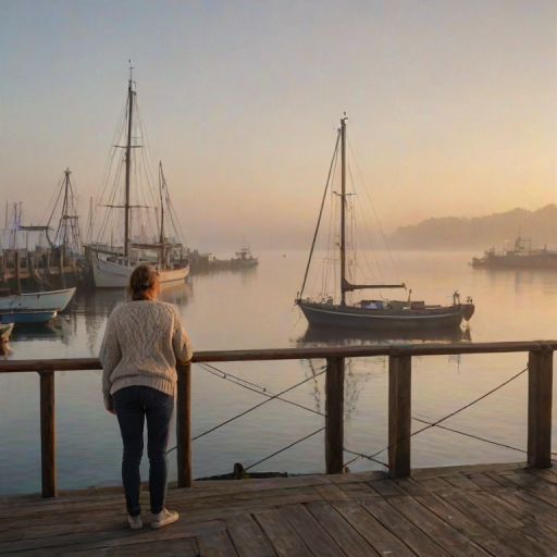 Foggy harbor at sunrise, boats rocking gently in the water, a woman in a knitted sweater leans on a wooden railing, watching the fishing vessels prepare to head out to sea.