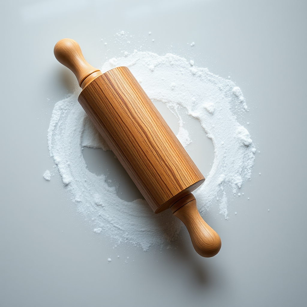 Create a high-resolution image of a wooden rolling pin on a reflective surface, captured with a Canon EOS 5D Mark IV, f/2.8 aperture, ISO 100, 50mm lens, top-down view, soft natural lighting.