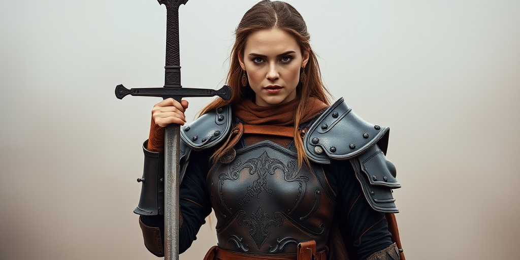 A warrior woman in intricate brown armor with a sword, standing confidently against a soft gradient background, shot with a Canon EOS R5, 50mm lens, f/1.8 aperture, ISO 100, 1/125s shutter speed, in natural lighting with a shallow depth of field for a dreamy effect.