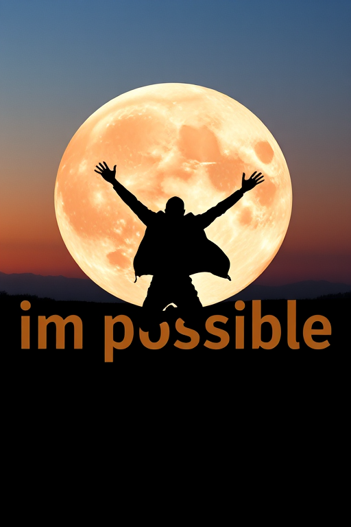 Create a silhouette of a person jumping in front of a large full moon with the words "im possible" in a creative font, shot with a DSLR camera at f/2.8, 1/200s, ISO 100, using a wide-angle lens, in a twilight landscape setting to enhance the contrast and clarity.