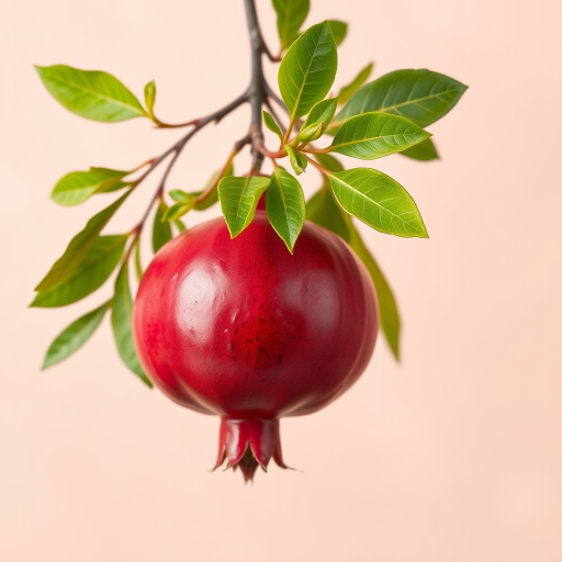 Generate a high-resolution image of a ripe pomegranate hanging from a branch with vibrant green leaves against a soft pastel background, using a DSLR camera with a 50mm lens, aperture set to f/1.8 for shallow depth of field, ISO 100 for clarity, and a soft natural light setting to enhance colors and details.