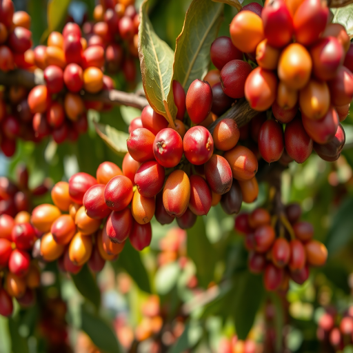 Capture a close-up of coffee branches laden with ripe and unripe cherries, using a DSLR camera with a 24mm lens, aperture set to f/2.8, ISO 200, shot from a low angle to emphasize depth, in vibrant natural light.
