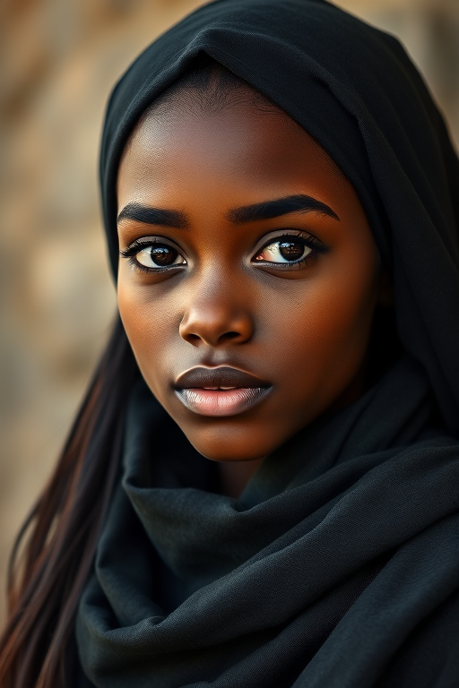 Create a portrait of a young African American female with long, dark hair and captivating hazel eyes. She is wearing a black headscarf and a matching scarf draped gracefully around her neck. The background is softly blurred, focusing attention on her serene and natural expression. The overall color palette is muted and warm, enhancing the intimate and authentic feel of the portrait.