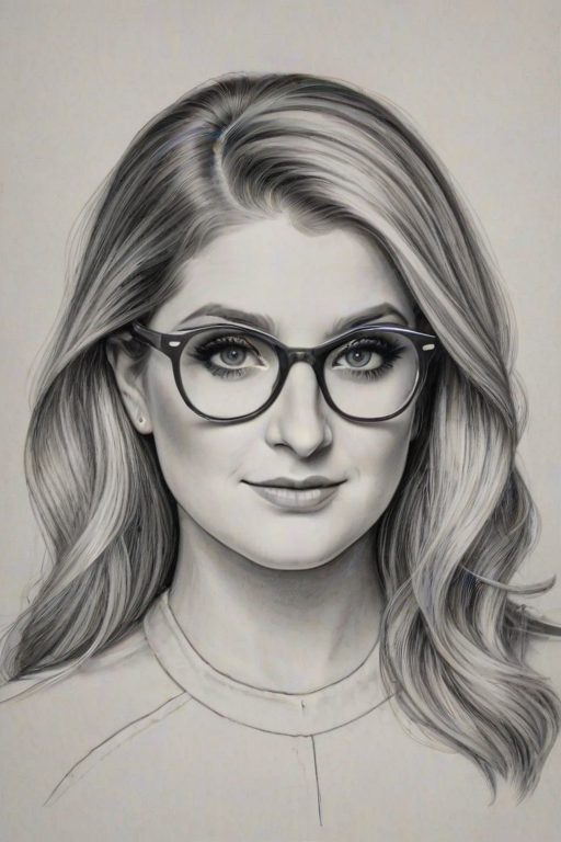 Enchanting Meghan Trainor, pencil sketch, portrait of Attractive woman 1961s in glasses, hair style beatnik, outline, clear lines, fine lines, 8k