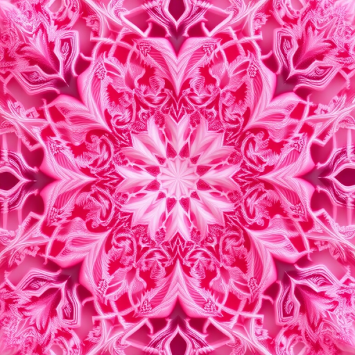 Create a high-resolution image of intricate pink fractal patterns, using a DSLR camera with a 50mm lens, aperture set to f/8, ISO 100, and a soft focus background effect to enhance depth and detail, capturing a symmetrical view of the fractal design.