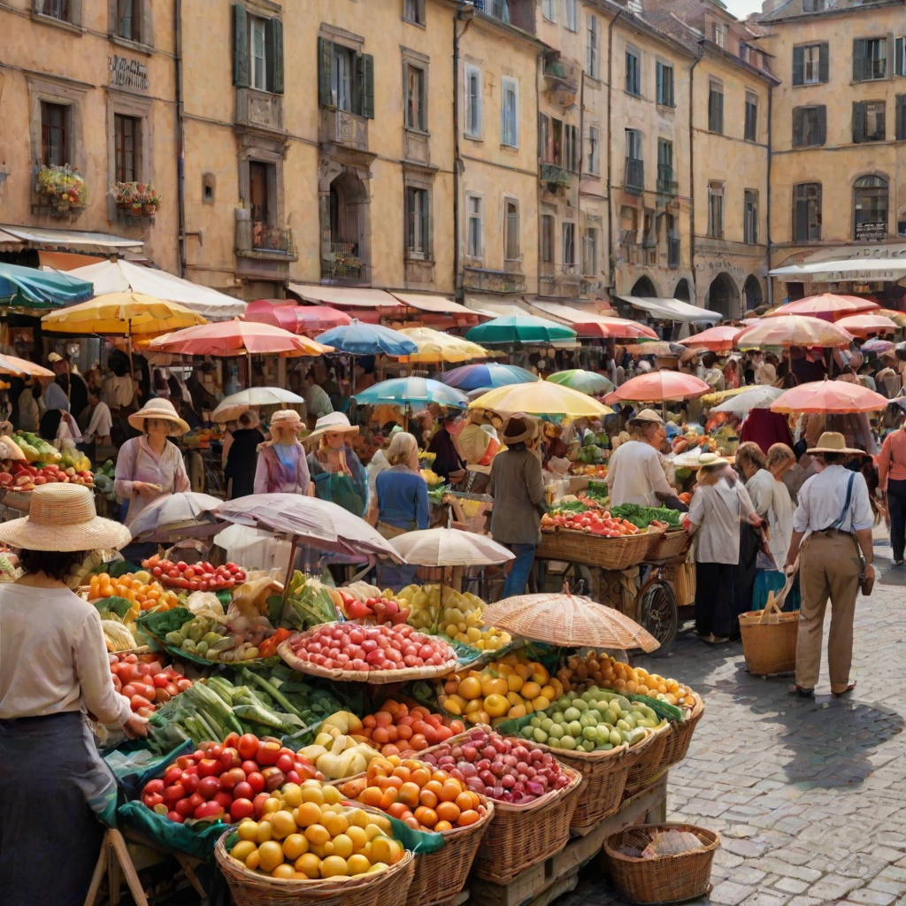 Bustling European market square, colorful umbrellas dot the stalls, a woman with a wide-brimmed hat browses fresh produce, her wicker basket already brimming with fruits and vegetables.