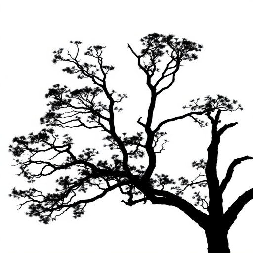Create a high-resolution image of a simple black silhouette of a tree on a white background, taken with a DSLR camera at f/8 aperture, ISO 200, and a focal length of 50mm, using a standard lens for sharpness and clarity.