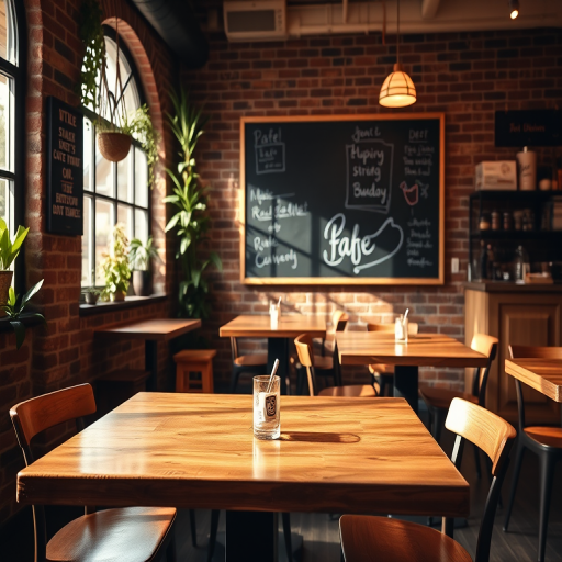 cozy cafe interior with wooden tables, brick wall, empty chalkboard, soft warm lighting, plants hanging, shot with a Canon EOS R5, 50mm lens, f/1.8, ISO 200, natural light, shallow depth of field, warm color grading