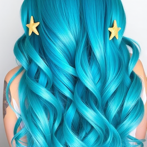 Vibrant teal mermaid waves cascade down to the waist, shimmering with iridescent highlights and adorned with tiny starfish clips, creating an enchanting oceanic allure named Aquamarine Dream