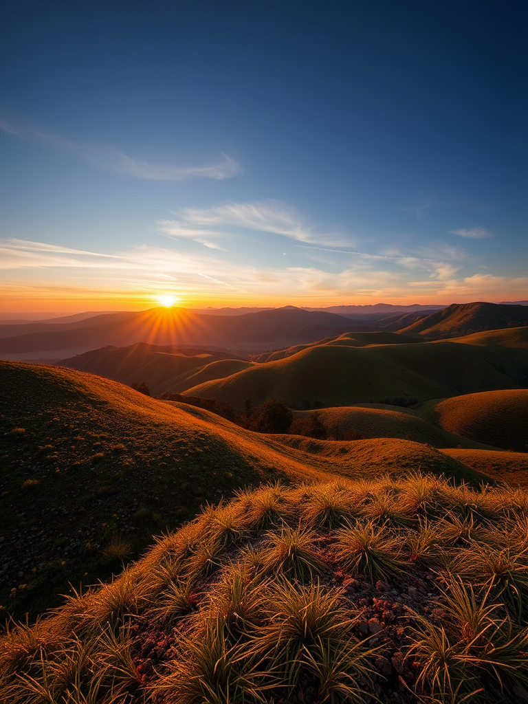 Create a detailed image of a serene landscape with rolling hills and a sunset in the background, captured with a Canon EOS R5, 35mm lens, aperture f/8, ISO 100, 1/200s shutter speed, using a wide-angle view for depth and clarity.