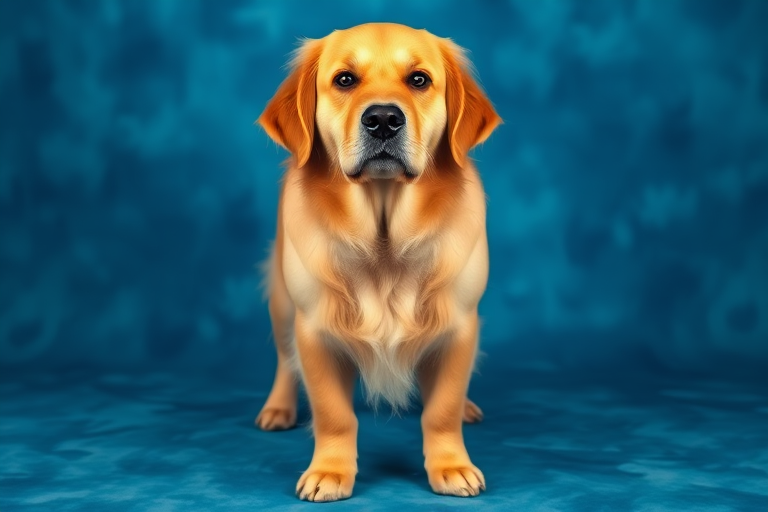 A golden retriever standing on a textured blue background, photographed with a Canon EOS R5, 50mm lens, aperture f/1.8, ISO 100, shutter speed 1/200s, natural light, portrait style.