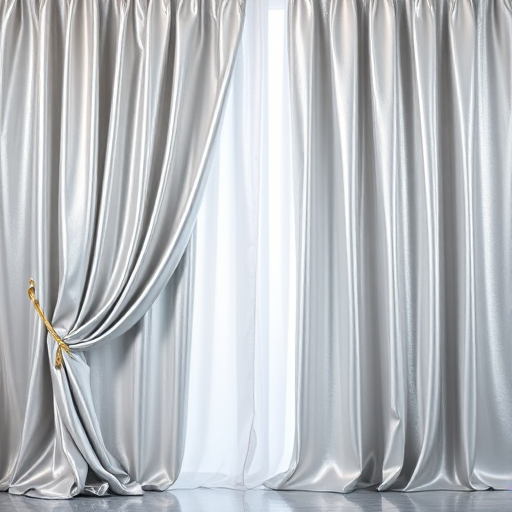Generate an image of a silver curtain draped elegantly, shot with a DSLR camera at f/2.8 aperture, ISO 100, and a focal length of 50mm, in a bright studio lighting setup with a shallow depth of field.