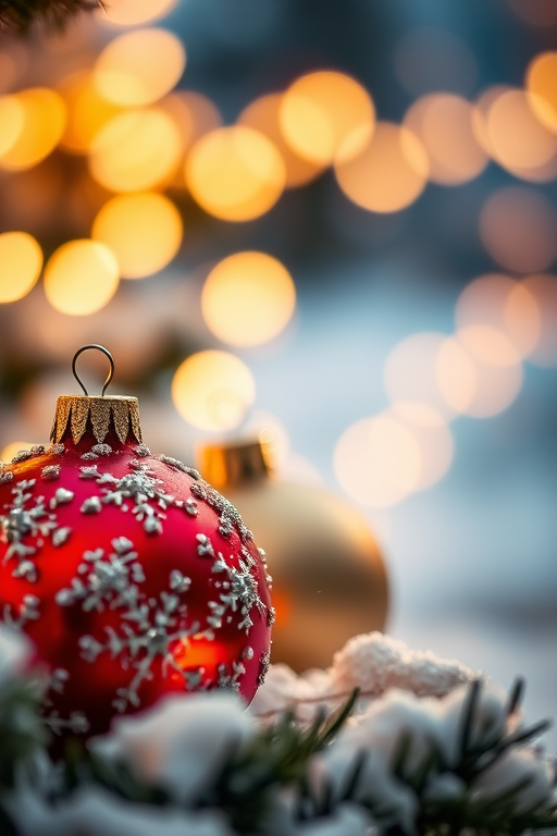 Create a close-up image of Christmas ornaments with bokeh lights in the background, using a 50mm lens at f/1.8, ISO 100, shutter speed 1/200s, in a warm color palette with soft focus on snow.