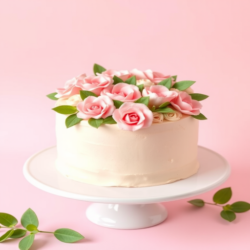 Create an image of a round cake decorated with soft pink flowers and green leaves on a white cake stand with a light pink background. The cake should have a smooth, creamy frosting with intricate floral designs on the top and sides.