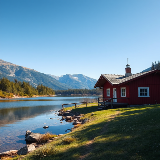 Regenerate the image of a red cabin beside a serene waterway with mountains in the background during a clear sunny day, using a DSLR camera, aperture f/8, ISO 100, shutter speed 1/250 sec, shot from a low angle to enhance foreground detail and depth.