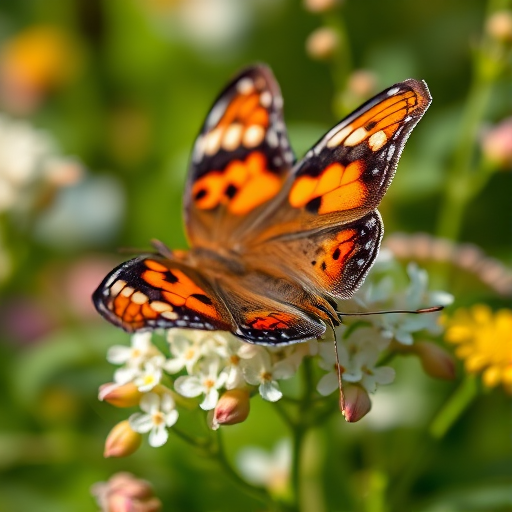 Create a vibrant close-up image of a butterfly perched on delicate flowers, showcasing intricate patterns on its wings in shades of orange, black, and white. The background should be filled with lush greenery and softly blurred floral elements to enhance the focus on the butterfly.