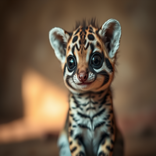 A cute striped animal with big eyes sitting in a softly lit environment, focus on its fur texture, using a Canon EOS R5 camera, 50mm f/1.2 lens, aperture priority mode, ISO 100, shallow depth of field, soft bokeh background.