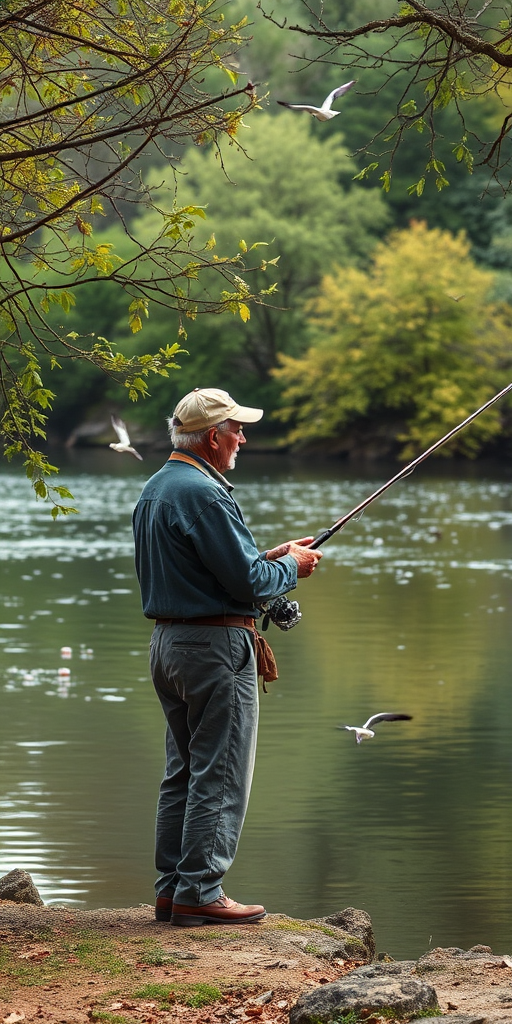 Old man fishing by a tranquil river, his line cast into the still water, with birds chirping in the trees overhead.