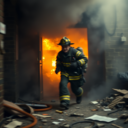 Blurry, action shot of a firefighter emerging from a smoke-filled building, soft light from the flames casting a warm glow, with debris and chaos surrounding the scene.