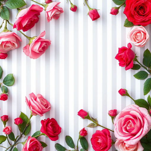 Floral border design with various roses in shades of pink and red on a light gray striped background, macro lens, f/2.8 aperture, 50mm focal length, natural light, DSLR camera, high resolution.