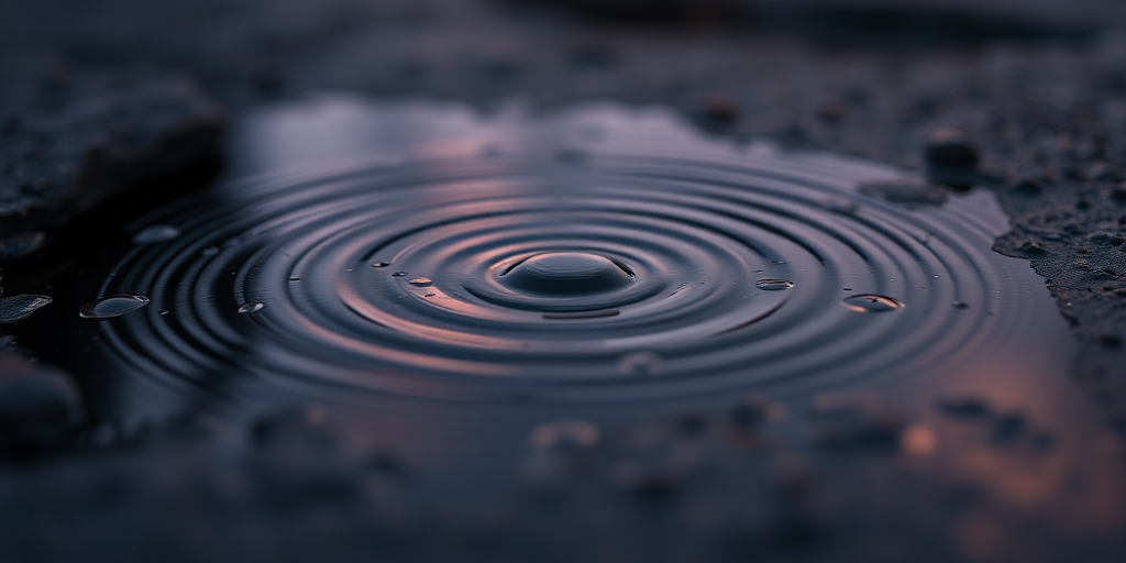 Capture a close-up shot of rain ripples in a dark puddle at twilight, using a DSLR camera with a 50mm lens, aperture f/2.8, shutter speed 1/250 sec, ISO 400, and a shallow depth of field to enhance detail and texture.