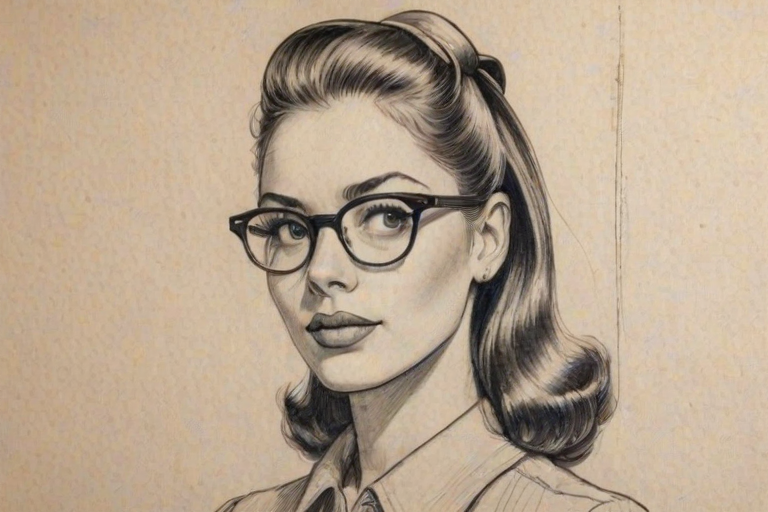 Appealing Summer Walker, pencil sketch, portrait of Enchanting woman 1946s in glasses, hair style beatnik, outline, clear lines, fine lines, 8k