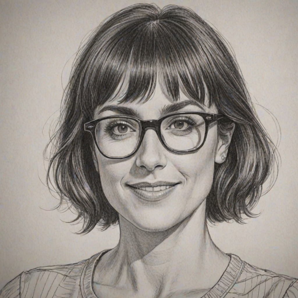 Graceful Constance Zimmer, pencil sketch, portrait of Radiant woman 1971s in glasses, hair style beatnik, outline, clear lines, fine lines, 8k