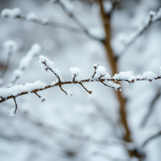 Generate a serene winter scene with branches covered in snowflakes, soft focus background, close-up view, f/2.8 aperture, ISO 100, 1/200 sec shutter speed, natural lighting, DSLR camera.
