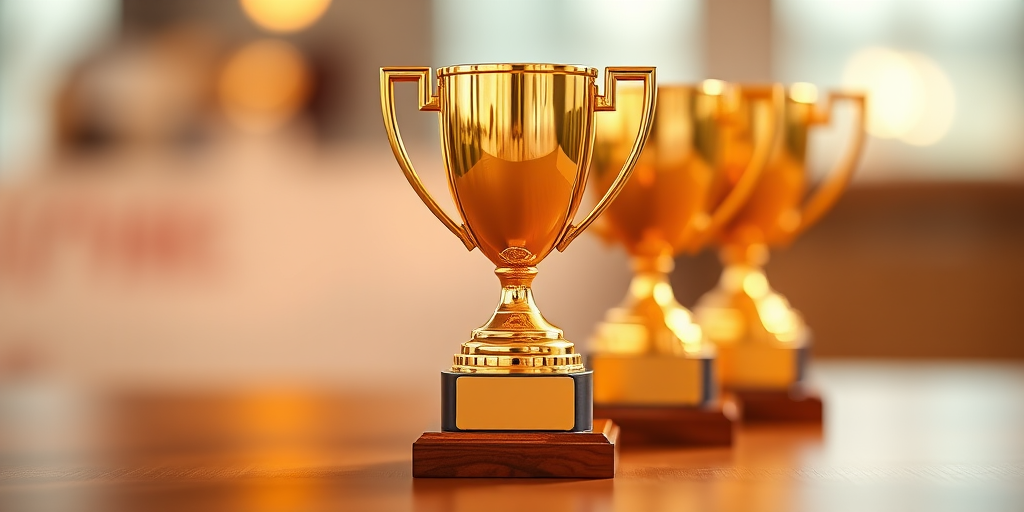 Create a high-resolution 3D rendering of a shiny gold trophy on a wooden base, captured with a DSLR camera at f/2.8 aperture, 50mm lens, ISO 100, in a soft focus style with warm lighting and a slight depth of field to emphasize the trophy.