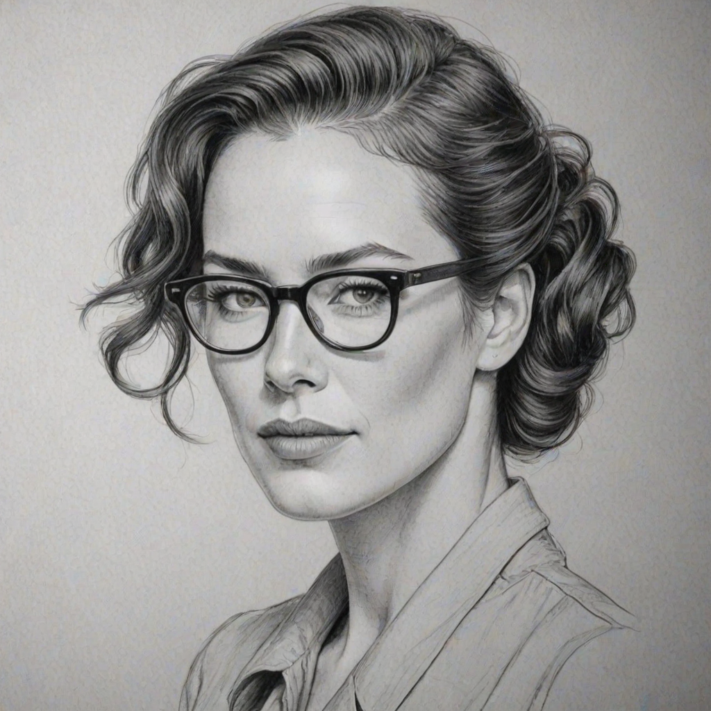 Elegant Lena Headey, pencil sketch, portrait of Comely woman 1944s in glasses, hair style beatnik, outline, clear lines, fine lines, 8k