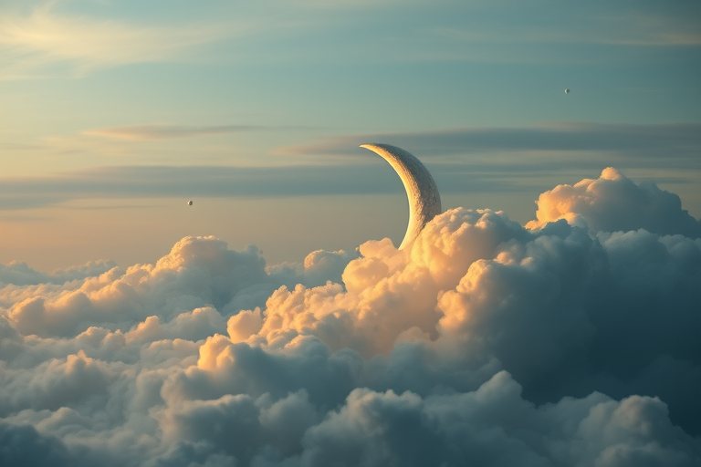 A surreal crescent moon face nestled among ethereal clouds with distant planets, ambient lighting, high dynamic range, shot with a Canon EOS R5, 50mm lens, f/1.8 aperture, ISO 100, at dusk with soft focus and rich colors.