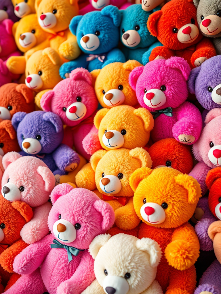A vibrant collection of colorful teddy bears in a packed arrangement, shot with a Canon EOS R5, 50mm lens, aperture f/1.8, ISO 100, vibrant colors, shallow depth of field, high resolution, natural lighting.