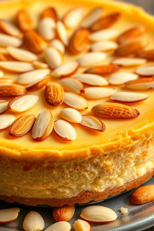 Create an image of a delicious cheesecake with a golden brown crust topped with sliced almonds. The cheesecake should have a creamy texture and a few almond slices scattered around it. The scene should be well-lit, highlighting the textures and colors of the dessert, giving it an inviting and appetizing appearance.