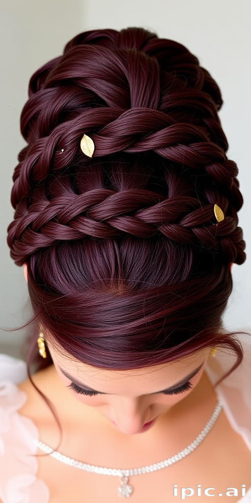 Deep burgundy crown braid updo, intricately woven by "Regal Roots" stylists, featuring a thick, rope-like braid encircling the head like a crown, adorned with delicate gold leaf accents and wispy tendrils framing the face, exuding an air of elegance and regality.