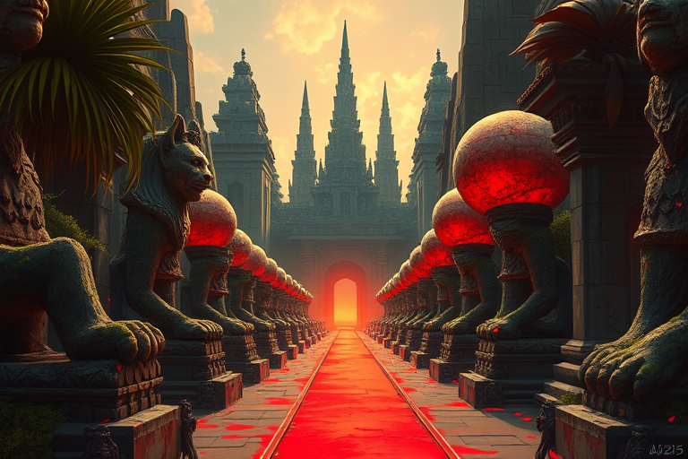 casting long, with moss and foliage growing on them, red and orange light that seems to emanate from within the structures, possibly lions or sphinxes. The statues are weathered, jagged rock formations. The architecture is a mix of Asian and Mayan influences, glowing pathway runs through the heart of the ruin, and spires, their fronds and trunks visible on the left and right of the frame., interspersed with splashes of red and orange, which seem to glow with an inner light, suggesting either a late afternoon or early morning sun. The architecture is a blend of ancient Roman and Gothic styles, possibly representing large orbs or machinery. These orbs are supported by ornate, contributing to the dreamlike atmosphere., This is a digital painting, adding to the mystical, swirling patterns that blend organic and mechanical elements