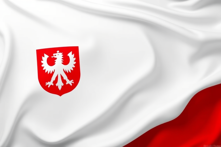 Generate a high-resolution image of the Polish flag with a digital illustration style, using a 50mm lens, f/4 aperture, ISO 100, and an overhead view for clarity and detail.
