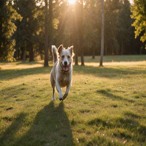 Blurry action shot of a dog chasing a ball through a sunlit field, soft golden light casting long shadows on the grass, with trees softly blurred in the distance.