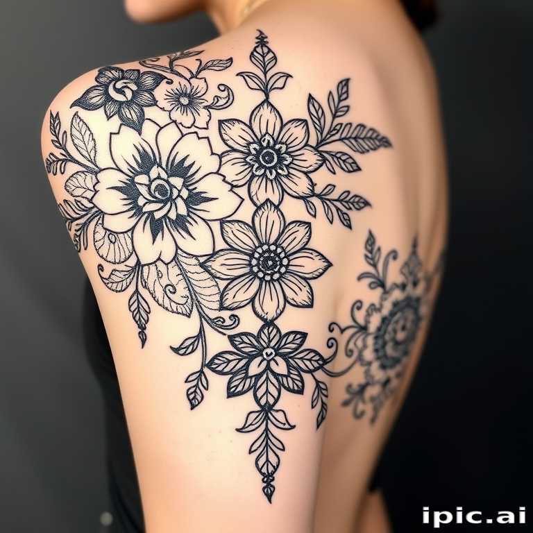 Ornamental blackwork tattoo titled "Lace Elegance" showcasing intricate floral and geometric patterns inspired by delicate lace designs with varying line weights and negative space