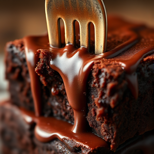 A close-up image of a rich chocolate brownie with a fork inserted into it, showing gooey chocolate sauce dripping down the sides, with a soft and fudgy texture visible in the cross-section of the brownie. The background is softly blurred to emphasize the dessert.