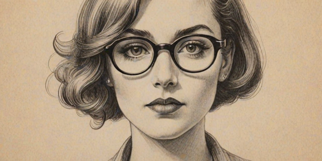 Resplendent Nessa Barrett, pencil sketch, portrait of Superb woman 1923s in glasses, hair style beatnik, outline, clear lines, fine lines, 8k