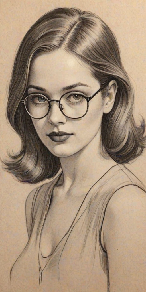 Captivating Ashley Marie, pencil sketch, portrait of Fetching woman 1927s in glasses, hair style beatnik, outline, clear lines, fine lines, 8k