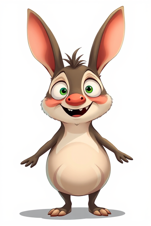 Create a cartoon-style illustration of a quirky creature with oversized ears and a round body, emphasizing exaggerated features and playful expressions, using a DSLR camera at f/2.8, 50mm lens, shot from a low angle to enhance depth and detail, bright lighting to accentuate colors and textures.