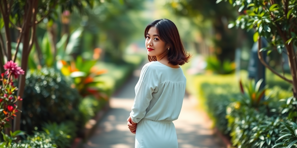 regenerate an image of a woman in a white outfit standing with her back to the camera in a lush garden pathway, natural sunlight, soft focus, aperture f/2.8, ISO 100, shutter speed 1/250s, 50mm lens, portrait style, DSLR camera