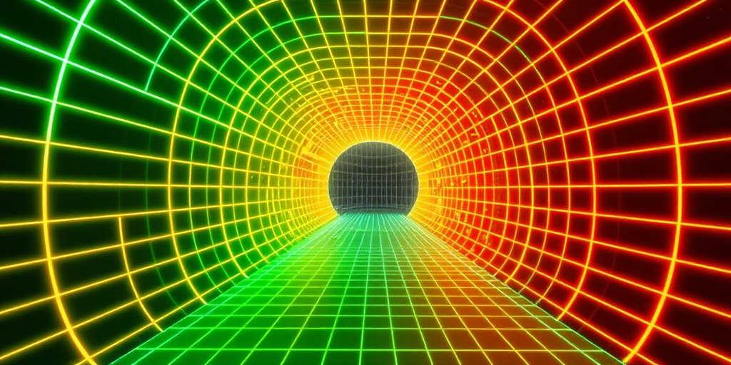 Create a high-resolution digital artwork depicting a surreal tunnel made of glowing grid lines, with a vibrant color gradient transitioning from green to orange, showcasing deep perspective and a sense of motion, captured with a DSLR camera at f/8 aperture, ISO 200, and a 24mm lens, employing a wide-angle view for an immersive effect.