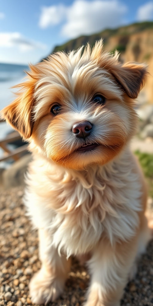 High-quality portrait of a fluffy puppy with a scenic coastal background, natural lighting, ISO 200, f/2.8 aperture, 50mm lens, shot from eye level using a DSLR camera.