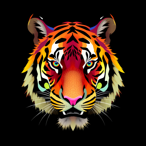high-resolution low-poly tiger head design with vibrant colors on a black background, captured with a Canon EOS R5, 50mm lens, f/1.8 aperture, ISO 100, soft focus, 4K quality