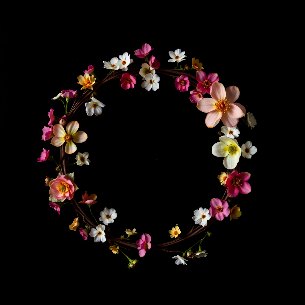 floral wreath on black background, macro lens, f/2.8 aperture, 50mm focal length, natural light, high resolution, digital photography