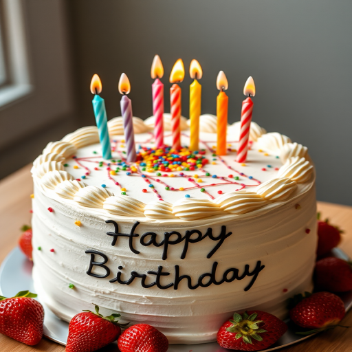 Create a high-resolution image of a birthday cake with colorful decorations, five candles on top, strawberries around the edge, and a message saying "Happy Birthday," shot with a DSLR camera at f/2.8, 50mm lens, ISO 100, 1/100 sec, top-down view, with soft natural lighting to enhance texture and color vibrancy.