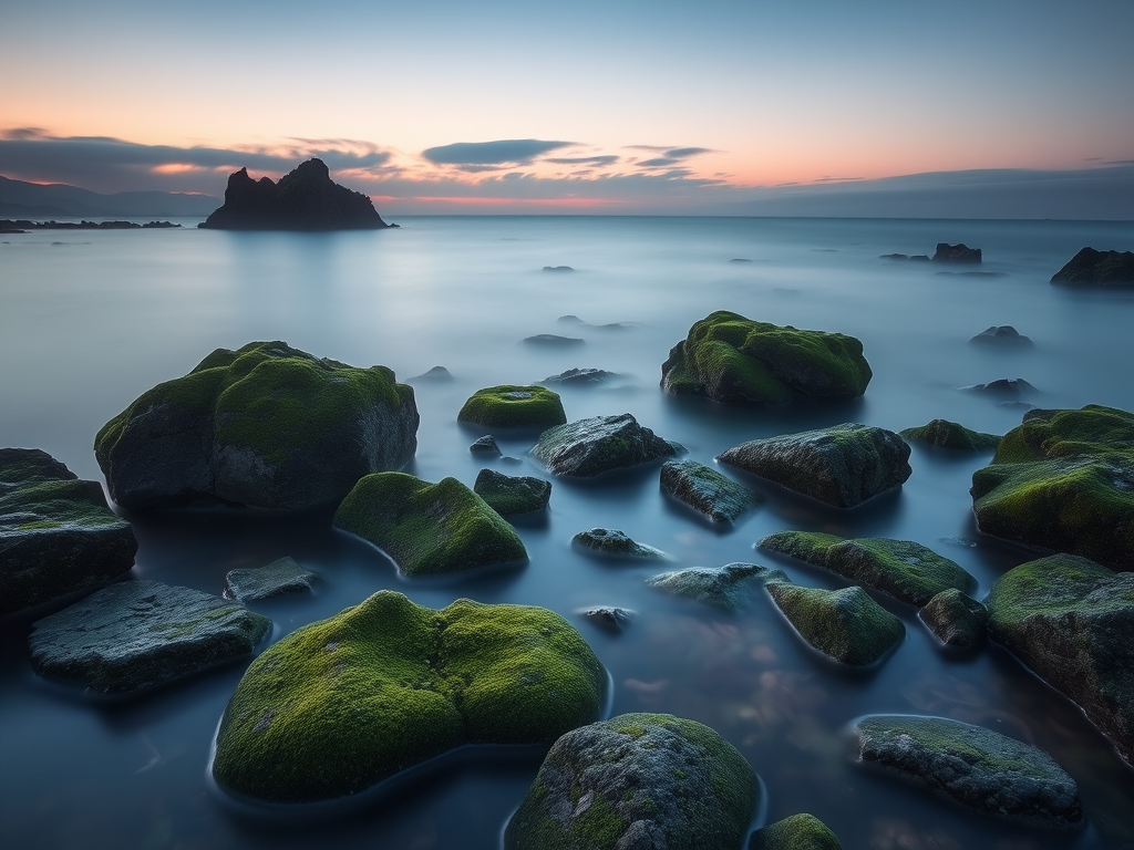 capture a serene seascape featuring moss-covered rocks in a misty atmosphere during twilight with a long exposure of 10 seconds, aperture set to f/16, ISO 100, using a DSLR camera with a wide-angle lens from a low angle perspective to enhance the details of the rocks and the smooth water surface